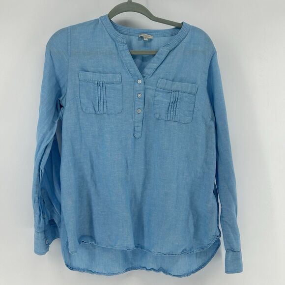 Talbots Linen Henley Popover Blouse Women MP Blue Lightweight Long Sleeve Shirt - Picture 1 of 11